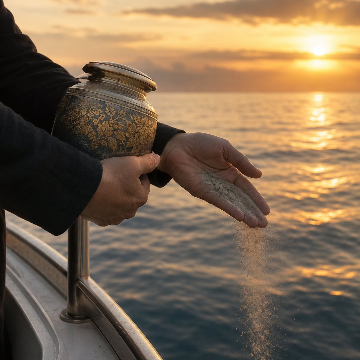 Dispersione delle ceneri in mare a Napoli durante una cremazione Tammaro al tramonto