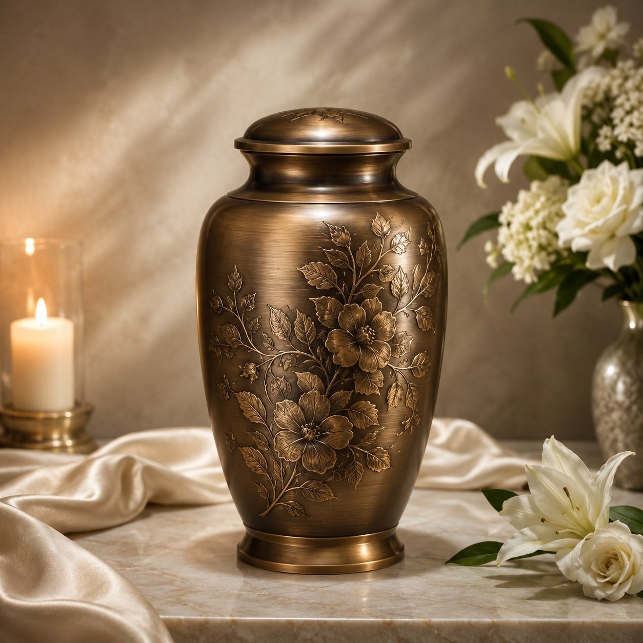 Urna cineraria in bronzo con decorazione floreale incisa per cremazione Napoli