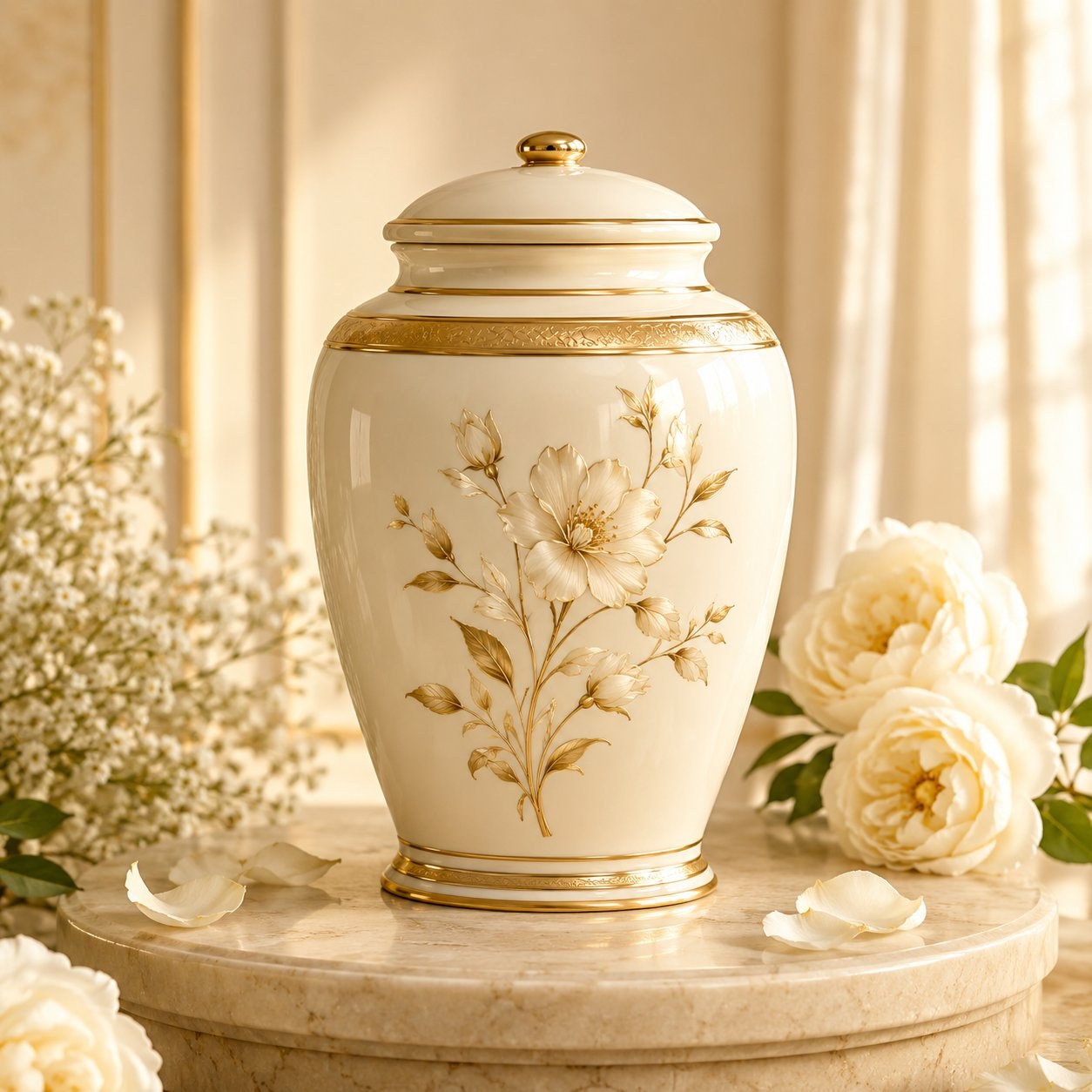Urna cineraria in ceramica avorio con dettagli oro per cremazione a Napoli